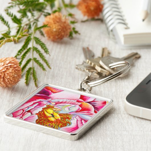 Pink Peony waterverf fine art Sleutelhanger (Zijkant)