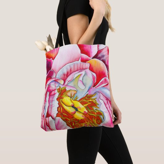 Pink Peony waterverf fine art Tote Bag (Dichtbij)