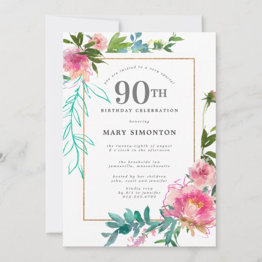 Pink Peony Waterverf Floral 90e verjaardag Kaart (Voorkant)