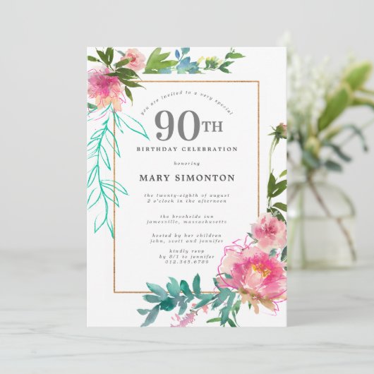 Pink Peony Waterverf Floral 90e verjaardag Kaart (Staand voorkant)