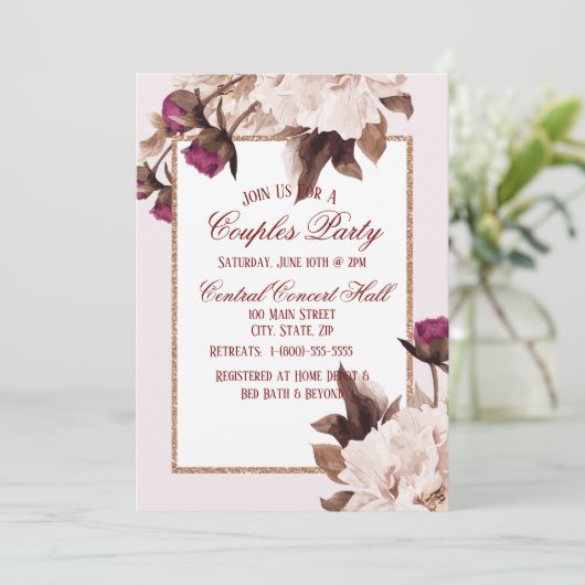 Pink Peony Waterverf Floral Couples Party Kaart (Staand voorkant)