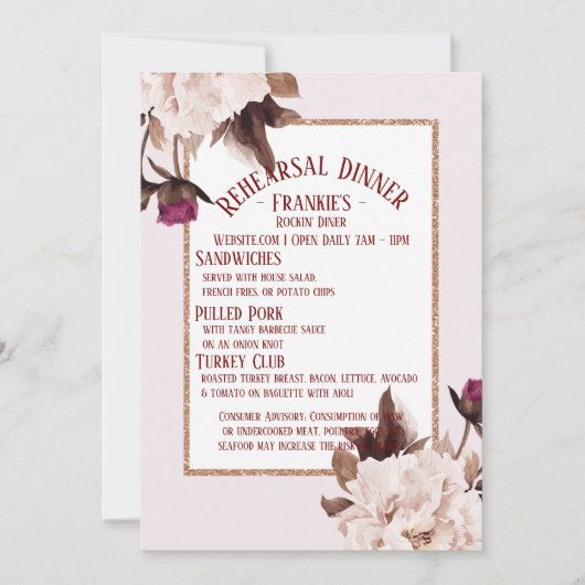 Pink Peony Waterverf Floral Rehearsal Dinner Kaart (Voorkant)