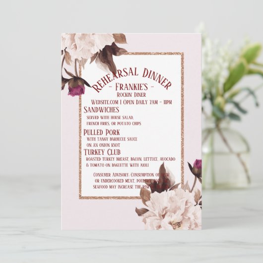 Pink Peony Waterverf Floral Rehearsal Dinner Kaart (Staand voorkant)
