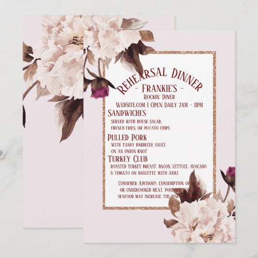Pink Peony Waterverf Floral Rehearsal Dinner Kaart (Voorkant / Achterkant)