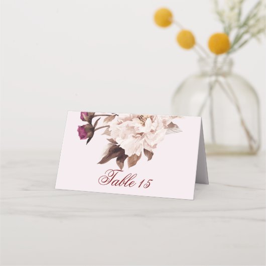 Pink Peony Waterverf Floral Wedding Table Number Plaatskaartje (Voorkant)