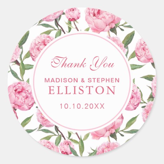Pink Peony Waterverf Flowers | Dank u Ronde Sticker (Voorkant)