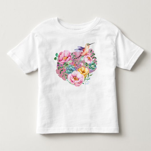 Pink Peony Waterverf Heart met Hummingbird Kinder Shirts (Voorkant)
