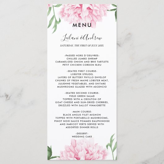 Pink Peony Waterverf Wedding Menu (Voorkant)