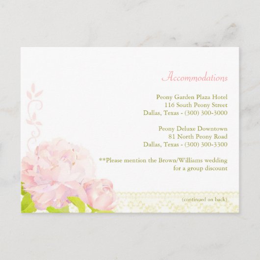 Pink Peony Wedding Accommodation Enclosure Briefkaart (Voorkant)