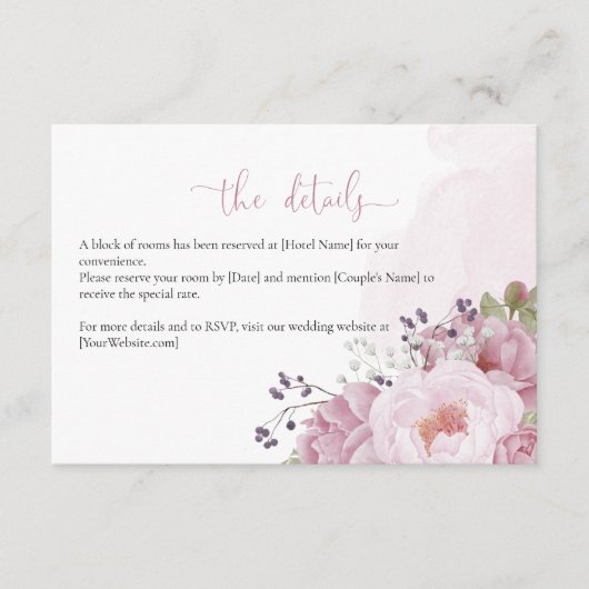 Pink Peony Wedding Details Card Informatiekaartje (Voorkant)