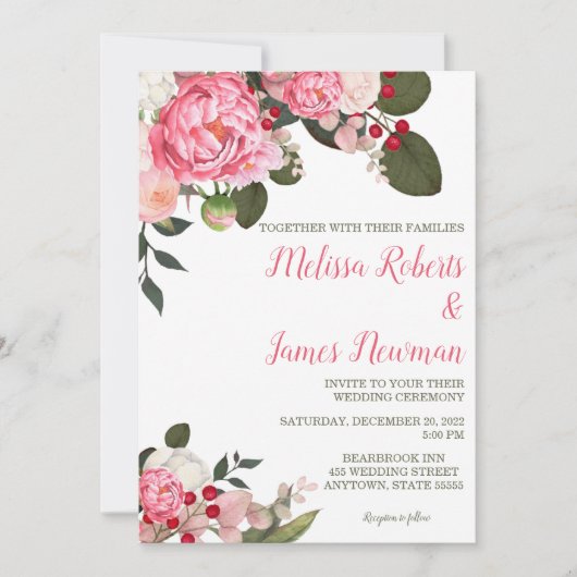 Pink Peony Wedding Invitation Kaart (Voorkant)