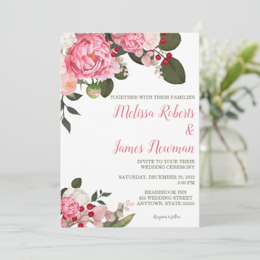 Pink Peony Wedding Invitation Kaart (Staand voorkant)