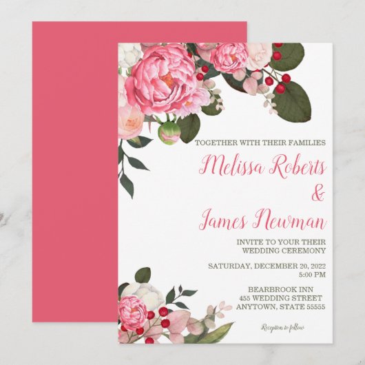 Pink Peony Wedding Invitation Kaart (Voorkant / Achterkant)