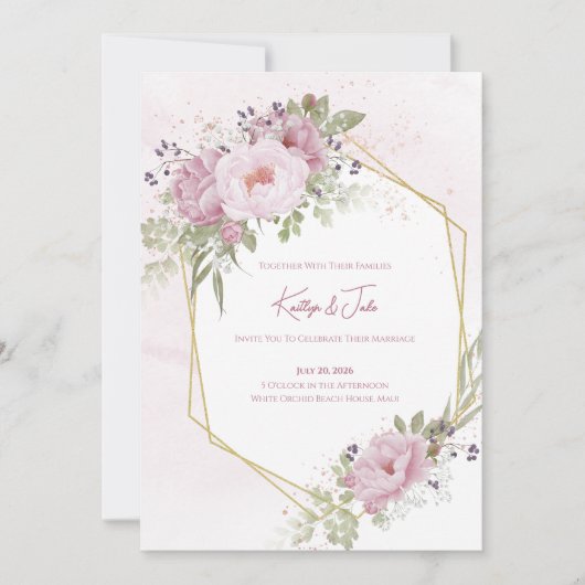Pink Peony Wedding Invitation Kaart (Voorkant)