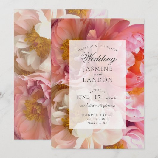 Pink Peony Wedding Invitation Kaart (Voorkant / Achterkant)