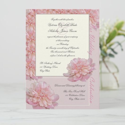Pink Peony Wedding Kaart (Staand voorkant)