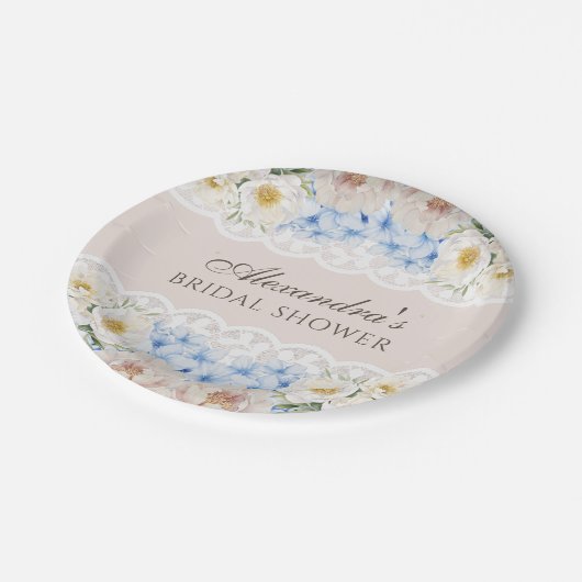 Pink Peony White Blue Hydrangea Vrijgezellenfeest Papieren Bordje (Gekanteld)