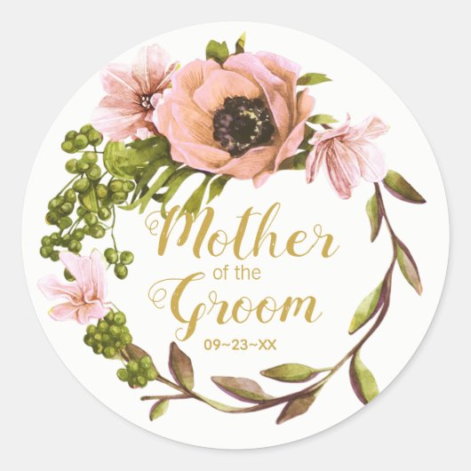 Pink Peony Wreath Moeder van de Groom ID456 Ronde Sticker (Voorkant)