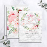 Pink Peony Wreath Roos Gold Marble Surprise 85th Kaart<br><div class="desc">Hands op mijn favoriete design tot op heden, deze prachtige verjaardagsuitnodiging is voorzien van de mooiste waterverf floralen die ik ooit heb gezien - zo realistisch dat ze eruit zien als foto's! Een poot van roze pinda's en astilbe, dahlias, alliumballen, eucalyptustakken, en een delicaat bogundy chrysanthemum omringen een roos gouden...</div>