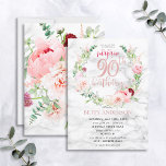 Pink Peony Wreath Roos Gold Marble Surprise 90th Kaart<br><div class="desc">Hands op mijn favoriete design tot op heden, deze prachtige verjaardagsuitnodiging is voorzien van de mooiste waterverf floralen die ik ooit heb gezien - zo realistisch dat ze eruit zien als foto's! Een poot van roze pinda's en astilbe, dahlias, alliumballen, eucalyptustakken, en een delicaat, ruw chrysanthemum omringen een roos gouden...</div>