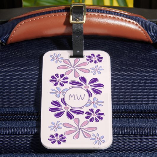 Pink Periwinkle Indigo Flower Doodle Uw Initialen Bagagelabel (Voorkant Insitu 2)