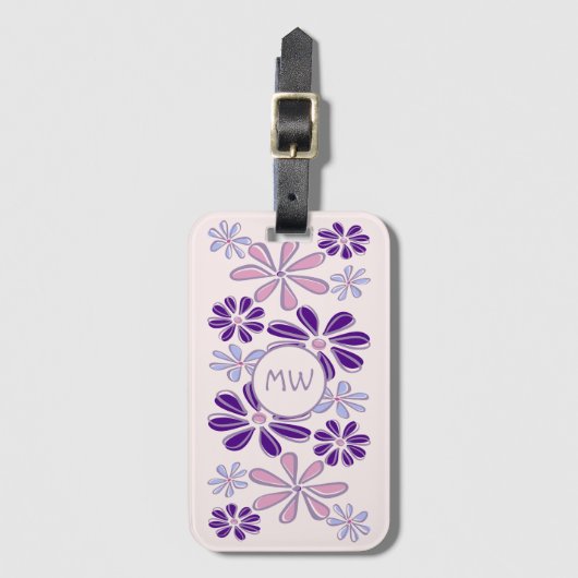 Pink Periwinkle Indigo Flower Doodle Uw Initialen Bagagelabel (Voorkant (verticaal))