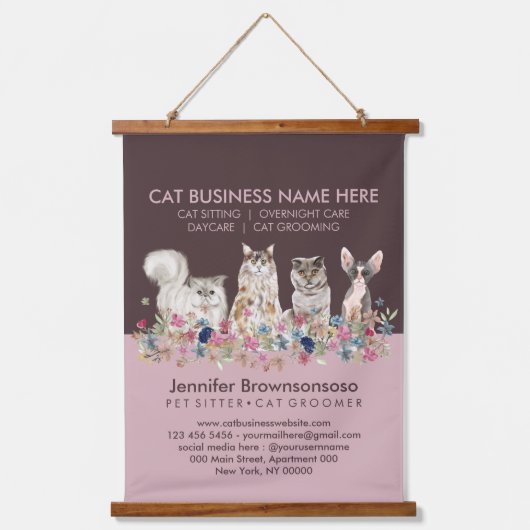 Pink Pet Cat Sitting Office Veterinary Service Hangend Wandkleed (Voorkant)