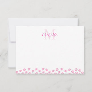 Pink Pet Paw Prints Custom Monogram Cute  Notitiekaartje