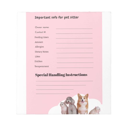 Pink Pet Sitter Intake Form Notitieblok (Voorkant)