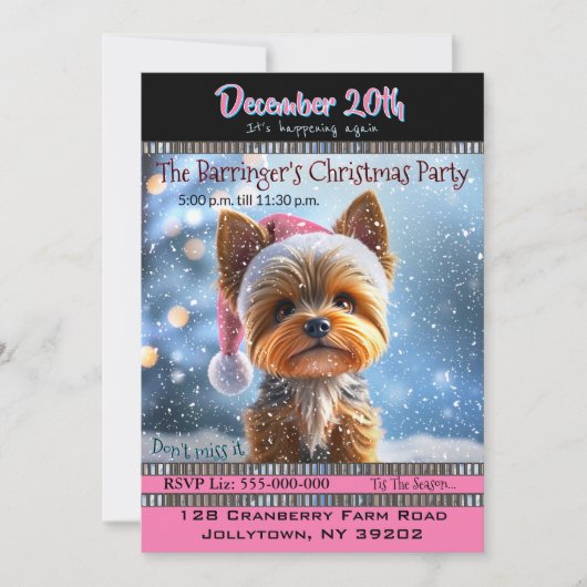PINK pet YORKIE kerstfeest uitnodiging (Voorkant)