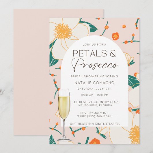 Pink Petals en Prosecco Vrijgezellenfeest Party Kaart (Voorkant / Achterkant)