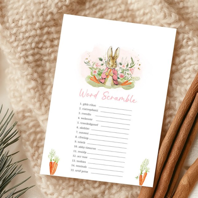 Pink Peter Rabbit Baby Shower Word Scramble Game (Creator heeft geüpload)