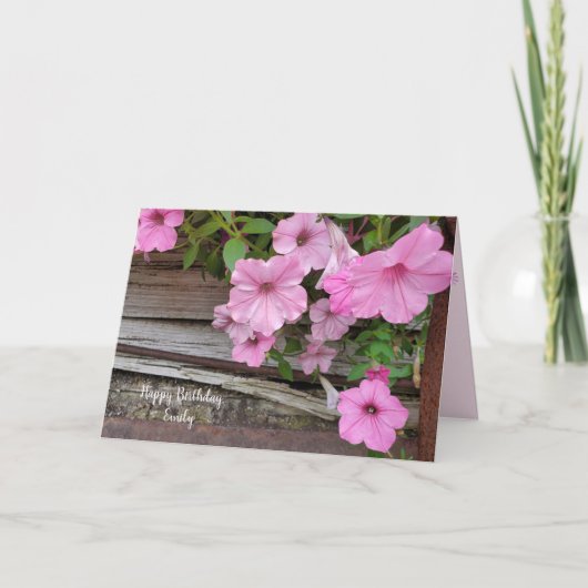 pink petunia on wood for birthday kaart (Voorkant)