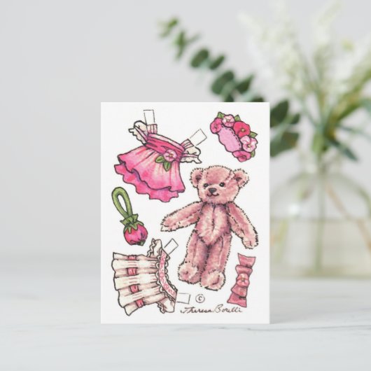 Pink Petunia Teddy Bear Paper Briefkaart (Staand voorkant)