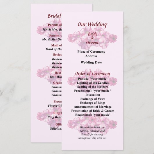 Pink Petunias Wedding Programme Programmakaart (Voorkant / Achterkant)