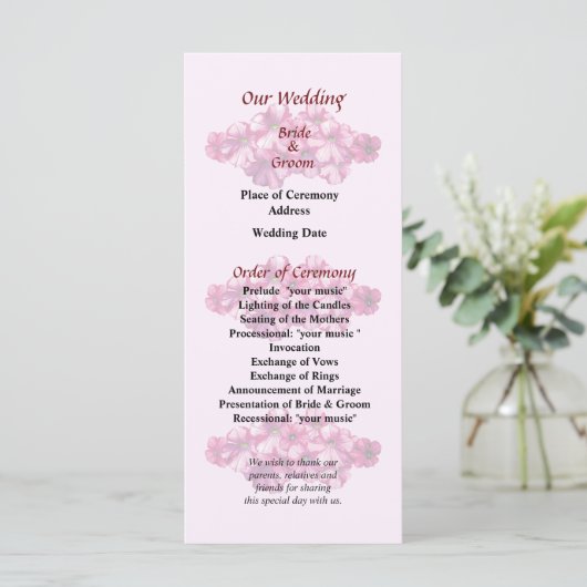 Pink Petunias Wedding Programme Programmakaart (Staand voorkant)