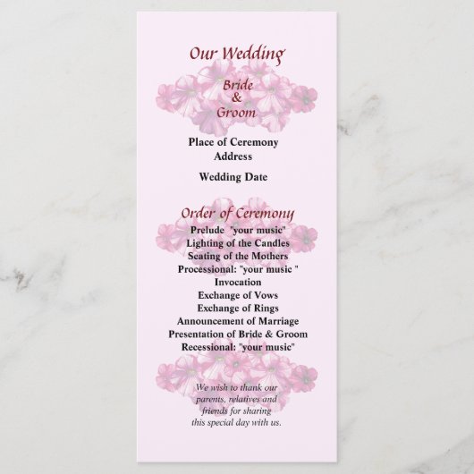 Pink Petunias Wedding Programme Programmakaart (Voorkant)
