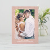 Pink Photo Engaged Couple Textile Effect Script Save The Date (Staand voorkant)
