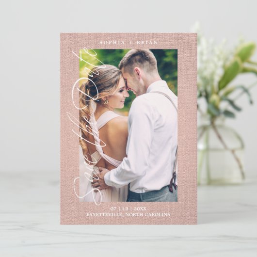 Pink Photo Engaged Couple Textile Effect Script Save The Date (Staand voorkant)