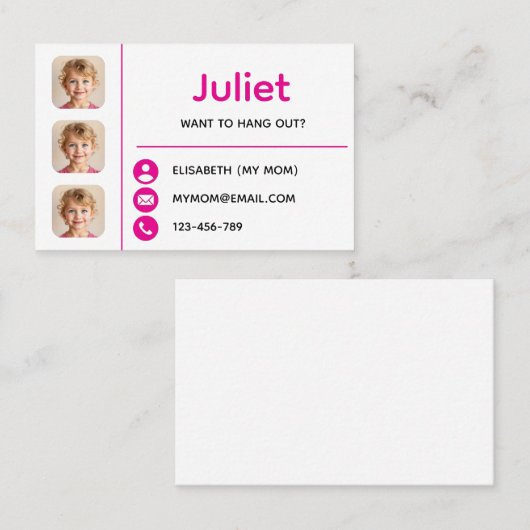 Pink Photo Kids Playdate Card Visitekaartje (Voorkant / Achterkant)