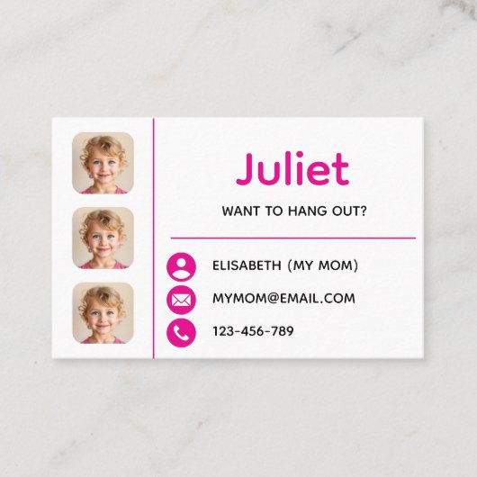 Pink Photo Kids Playdate Card Visitekaartje (Voorkant)