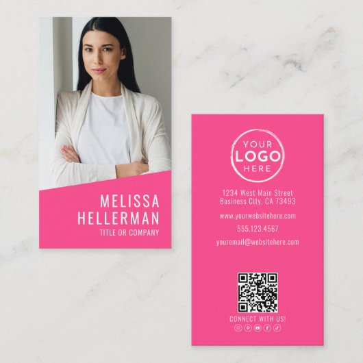 Pink Photo QR Code Logo Vertical Visitekaartje (Voorkant / Achterkant)