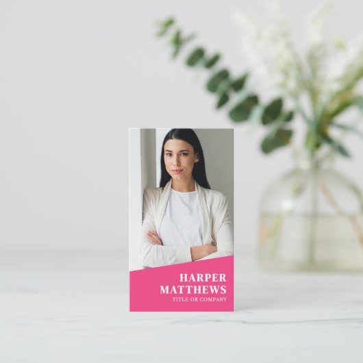 Pink Photo QR Code Vertical Visitekaartje (Staand voorkant)
