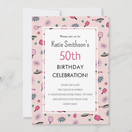 Pink Pickleball Party 50th Birthday Invitation Kaart (Voorkant)