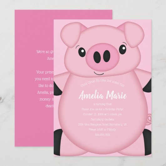 Pink Pig Birthday Party Kaart (Voorkant / Achterkant)
