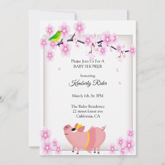 Pink Pig Cherry Blossom Baby shower Kaart (Voorkant)