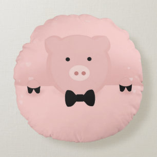 Pink Pig in een Black Bow Stropdas Rond Kussen