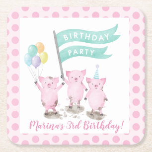 Pink Piggys Kinderen van Birthday Partij Kartonnen Onderzetters