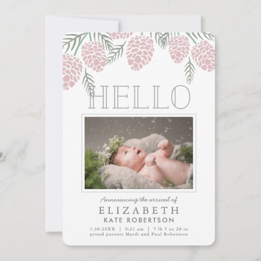 Pink Pine Cone White Foto Aankondiging Geboorte (Voorkant)