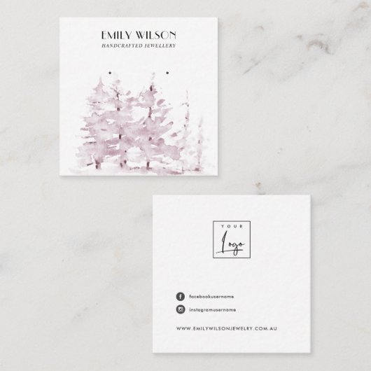 PINK PINE TREE WINTER FOREST STUD EARRING DISPLAY VIERKANTE VISITEKAARTJE (Voorkant / Achterkant)